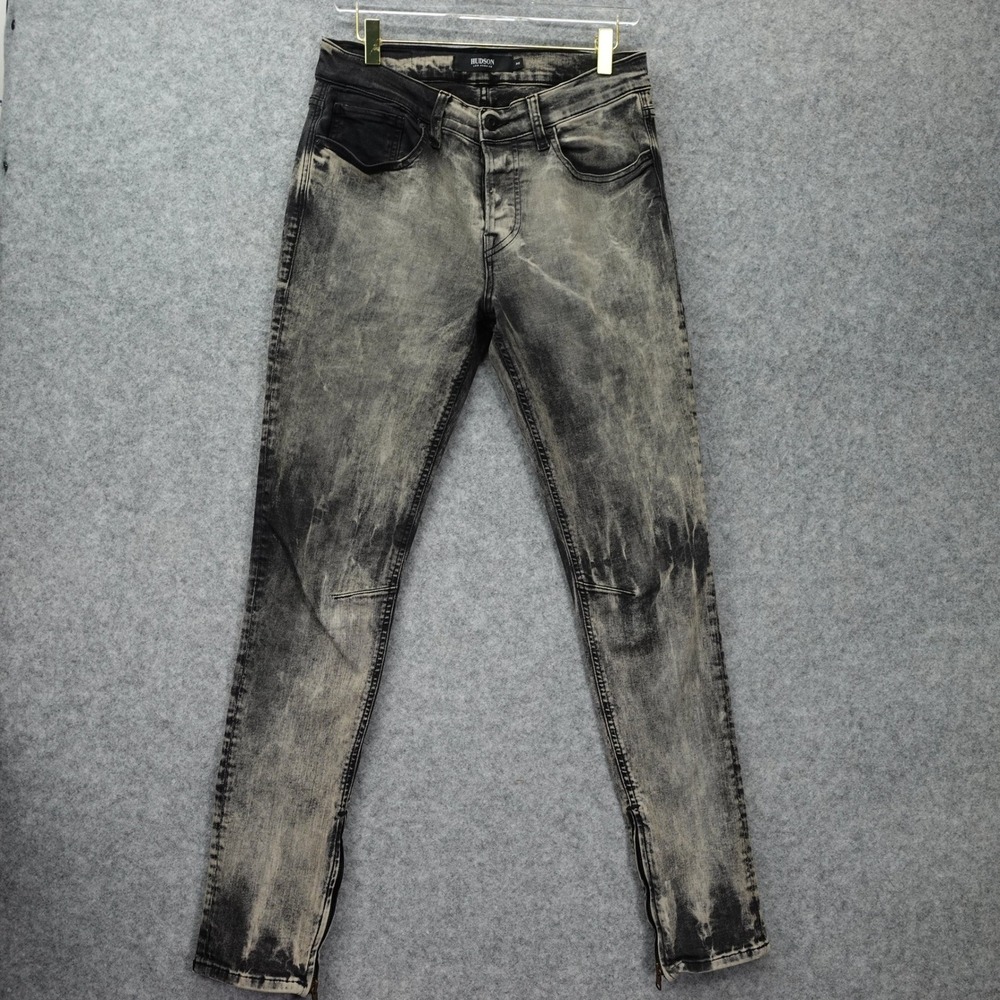 Hudson Vaughn Moto Skinny Jeans Women 30x31 Acid Black Gray Ankle Zip Button Fly